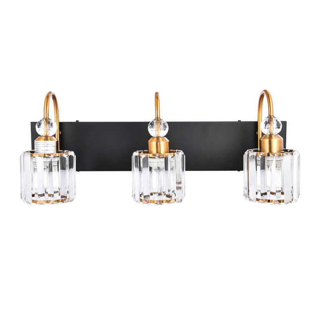 Glam 22'' Wide 3 Light Crystal Wall Sconce Modern Vanity Light for Bathroom Bedroom in Chrome/ Black+Brass Finish