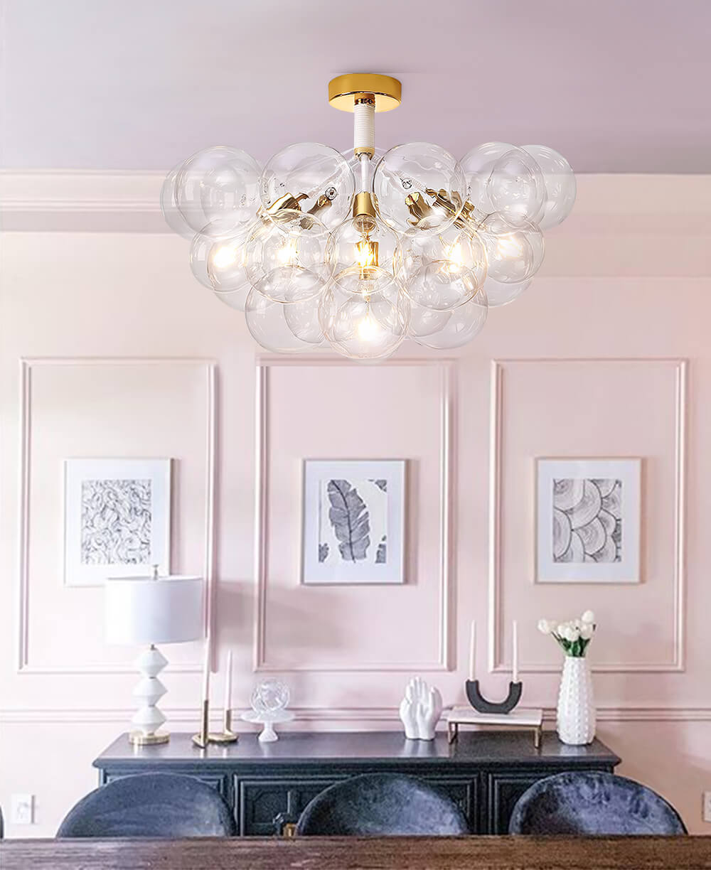 Modern Glass Bubble Ceiling Chandelier Glass Semi Flush Mount in Black/White for Living Room Dining Room Bedroom