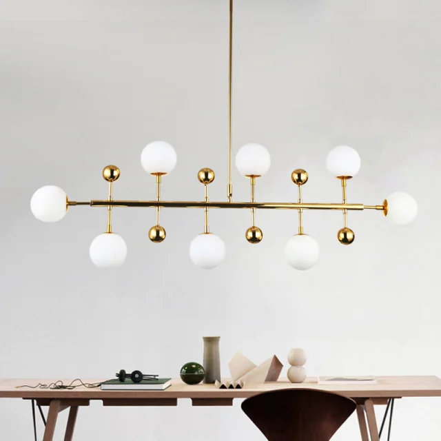 Modern Style 33&quot; Liner Chandelier Polished Gold with Opal Globes for Bar and Kitchen Island