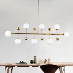 Modern Style 33" Liner Chandelier Polished Gold with Opal Globes for Bar and Kitchen Island