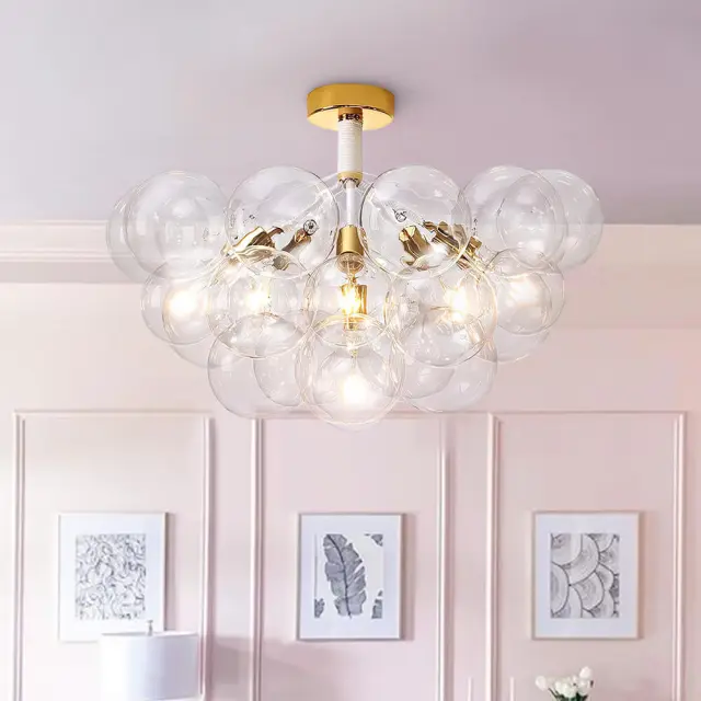 Modern 4/6 Lights Bubble Glass Semi Flush Mount Chandelier in Black/White for Living Room Dining Room Bedroom
