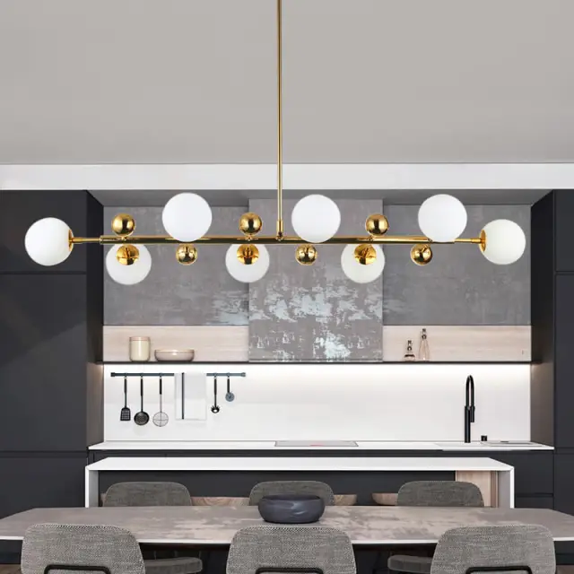 Modern Style 33&quot; Liner Chandelier Polished Gold with Opal Globes for Bar and Kitchen Island