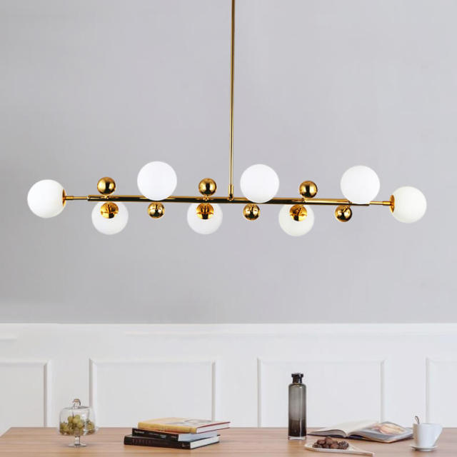 Modern Style 33&quot; Liner Chandelier Polished Gold with Opal Globes for Bar and Kitchen Island