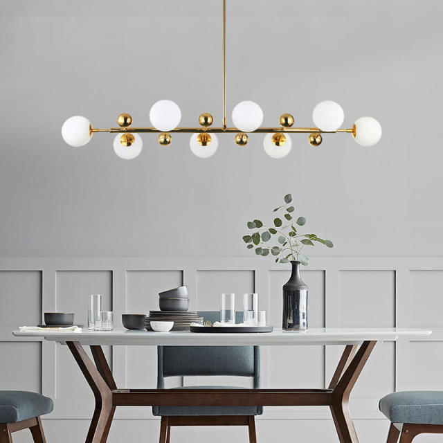 Modern Style 33&quot; Liner Chandelier Polished Gold with Opal Globes for Bar and Kitchen Island