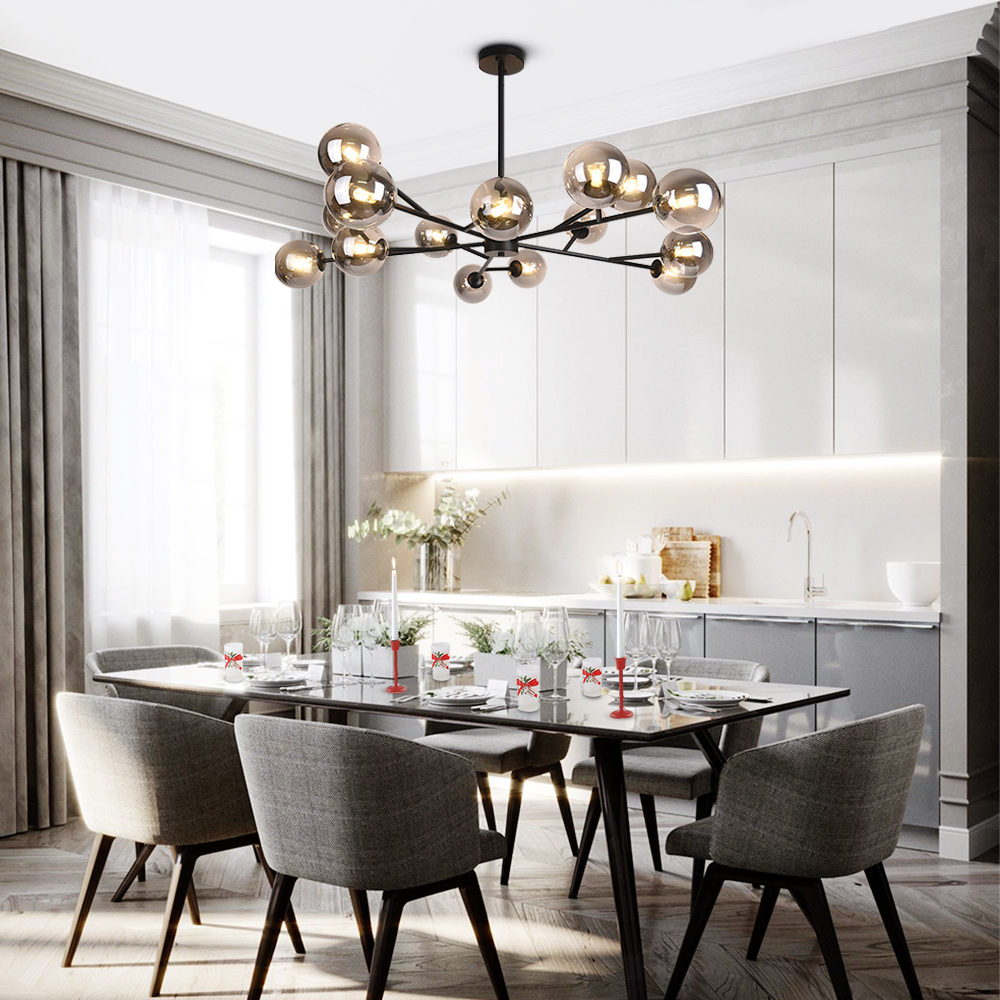 Modern Mid-Century Branching Arm Glass Globe Chandelier with Smoke Glass Shade for Living Room ...