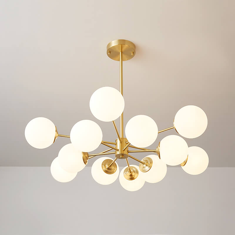 Mid-Century Modern Two-Tier Brass Sputnik Opal Globe Chandelier Light for Dining Room/Living Room