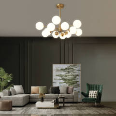12-Light Mid-Century Modern Two-Tier Brass Sputnik Opal Globe Chandelier Light for Dining Room/Living Room/Bedroom