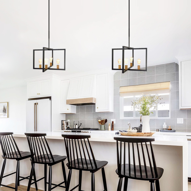 4-Light Square Metal Chandelier Modern Farmhouse Kitchen Island  Slanted Ceiling Compatible Industrial Pendant Lighting
