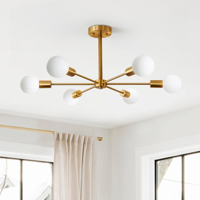 Mid Century Modern Branching 6 Light Semi Flush Mount Dimmable in Brass Bedroom Dinning Room