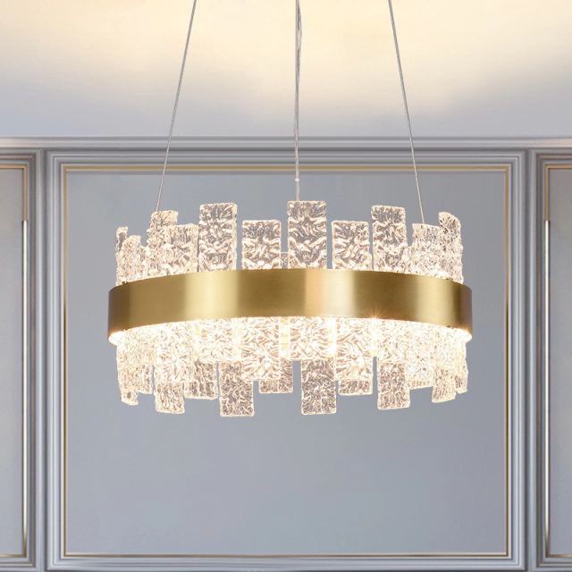 Modern Luxurious Glass Wide LED Round Chandelier in Brass with Strips for Dining Room Living Room