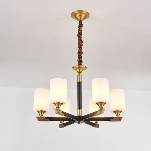 Vintage Mid-century 6-Light Chandelier with Cylinder Glass Shades for Kitchen Island Living Room