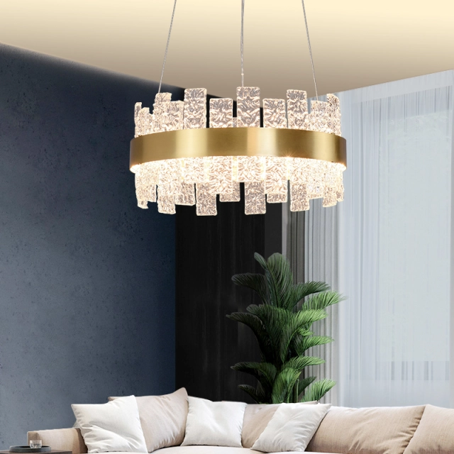 Modern Luxurious Glass Wide LED Round Chandelier in Brass with Strips for Dining Room Living Room