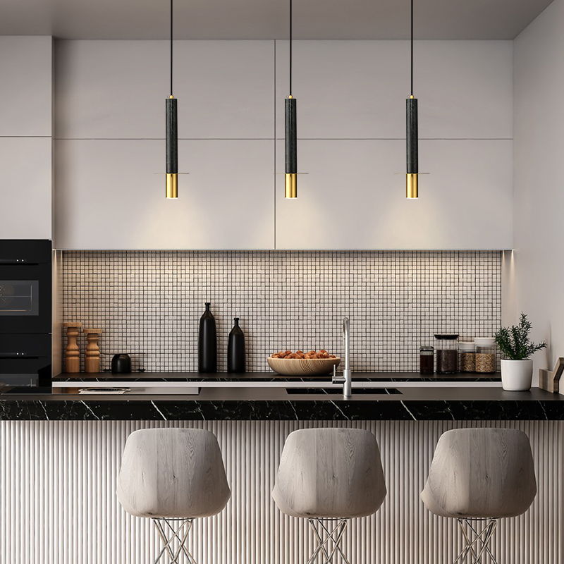 Nordic Style Long-strip Mini Slender Cylinder Pendant Light Hanging Lights with Marble Shade for Kitchen/ Bedroom