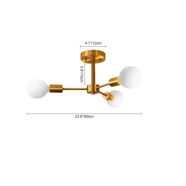 Mid Century Modern Branching 6 Light Semi Flush Mount Dimmable in Brass Bedroom Dinning Room