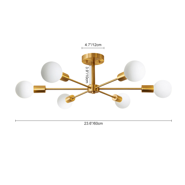 Mid Century Modern Branching 6 Light Semi Flush Mount Dimmable in Brass Bedroom Dinning Room