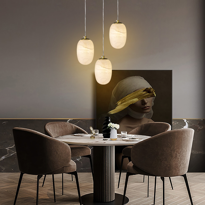 Modern Transmission Pendant Light in Gold Finish with Oval Globe Marble Stone Diffuser for Kitchen/Dining Room