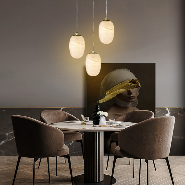 Modern Transmission Pendant Light in Gold Finish with Oval Globe Marble Stone Diffuser for Kitchen/Dining Room