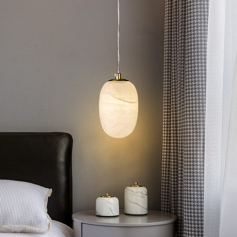 Modern Transmission Pendant Light in Gold Finish with Oval Globe Marble Stone Diffuser for Kitchen/Dining Room