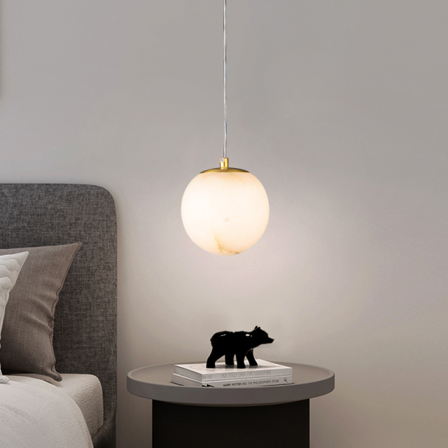 Modern Gold Transmission Pendant Light with Round Ball Marble Stone Diffuser for Kitchen/Bedside