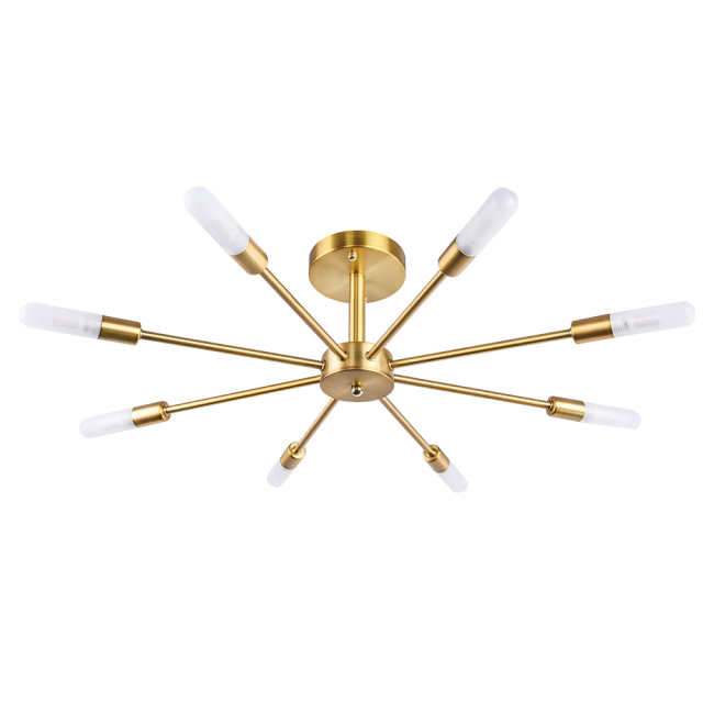 Dimmable 8 Light Frosted Glass Industrial Sputnik Semi Flush Mount Ceiling Lamp in Brass