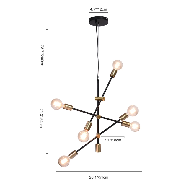 Modern Contemporary 6 Light Sputnik Linear Chandelier in Brass/ Black for Living Room/Dining Room/ Bedroom