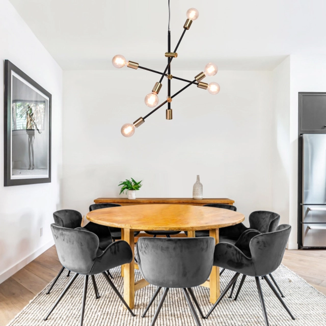 Modern Contemporary 6 Light Sputnik Linear Chandelier in Brass/ Black for Living Room/Dining Room/ Bedroom