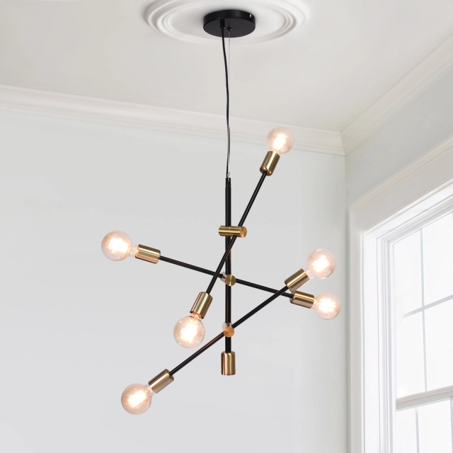 Modern Contemporary 6 Light Sputnik Linear Chandelier in Brass/ Black for Living Room/Dining Room/ Bedroom