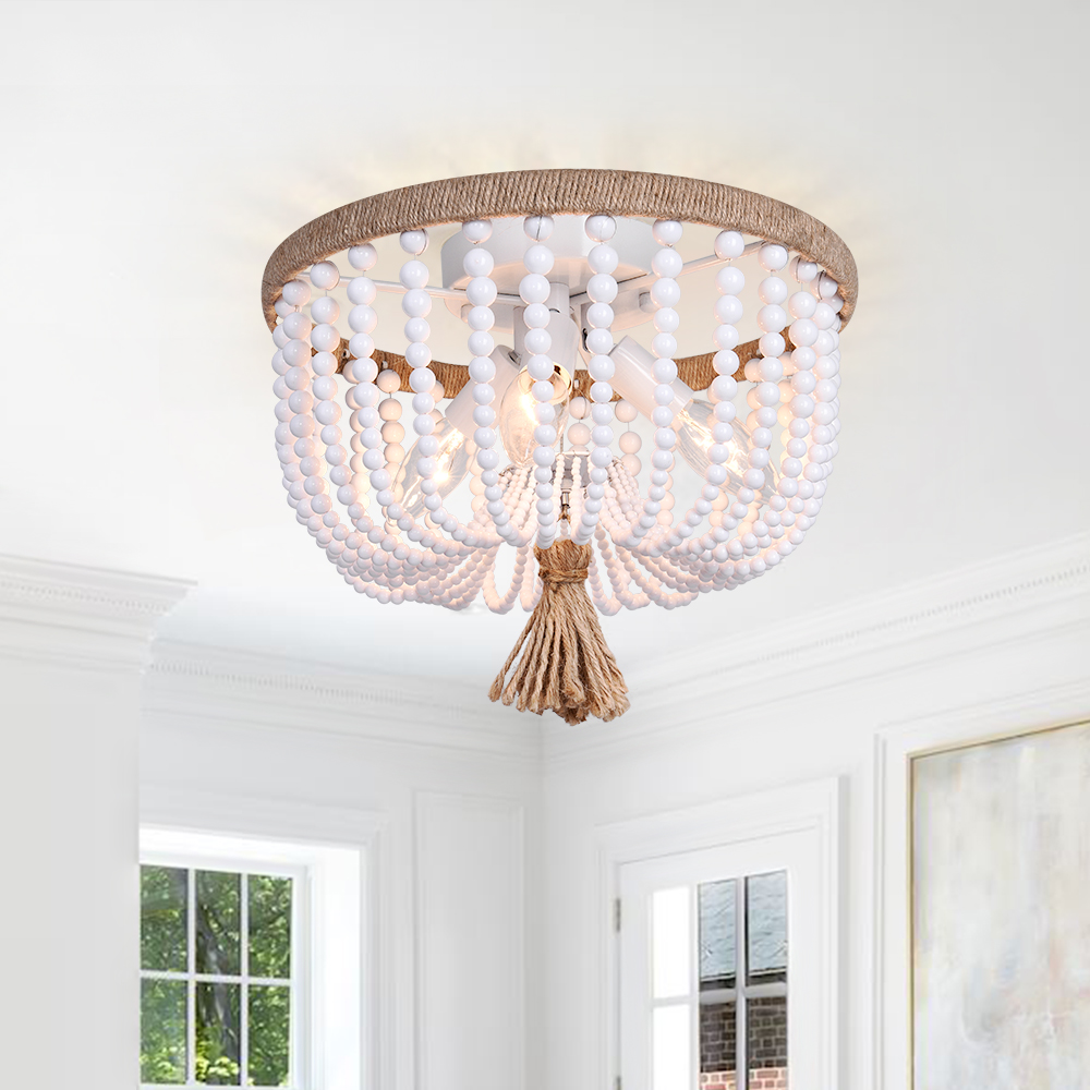 Modern Coastal Wood Beaded Flush Mount Ceiling Light in a Rope Knot Design for Entryway, Bedroom, Kitchen, Living Room