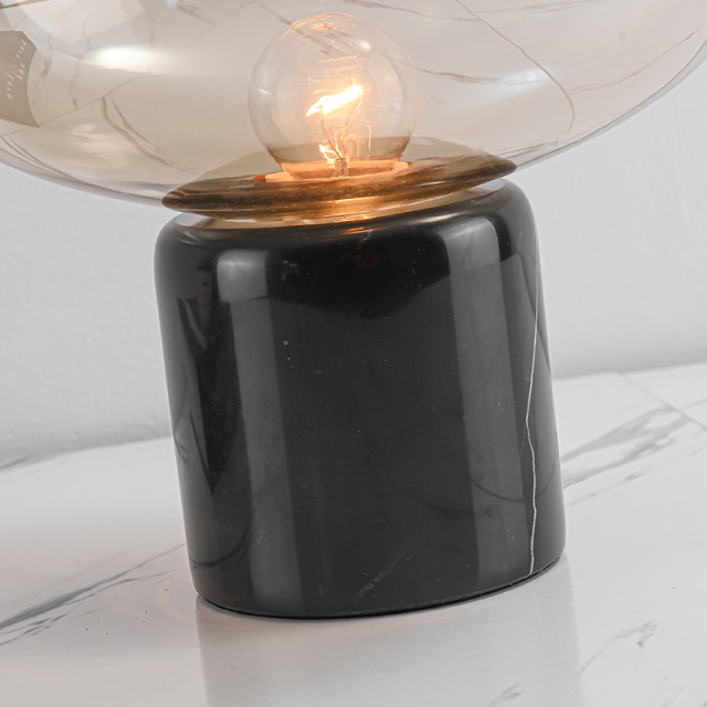 Modern Smokey Gray Glass Oval Table Lamp in Marble Cylinder Base Amber Light for Bedside/ Bedroom/ Workplace