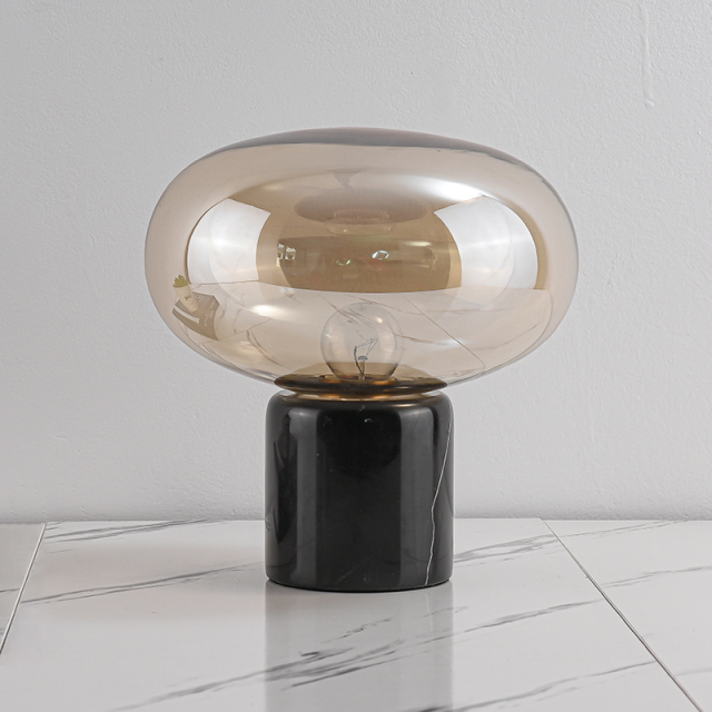 Modern Smokey Gray Glass Oval Table Lamp in Marble Cylinder Base Amber Light for Bedside/ Bedroom/ Workplace