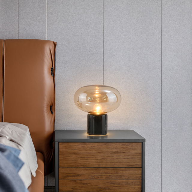 Modern Smokey Gray Glass Oval Table Lamp in Marble Cylinder Base Amber Light for Bedside/ Bedroom/ Workplace