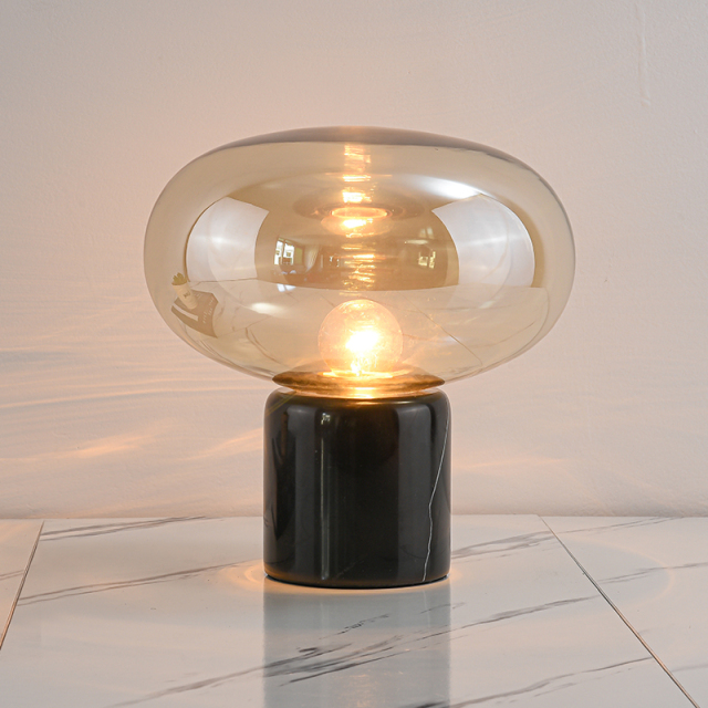 Modern Smokey Gray Glass Oval Table Lamp in Marble Cylinder Base Amber Light for Bedside/ Bedroom/ Workplace