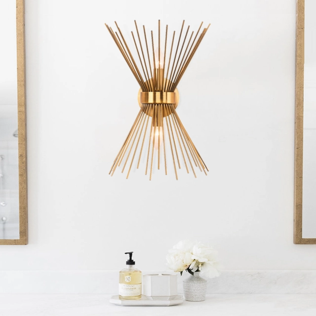 Mid Century Modern Brass 2-Light Sunburst Wall Sconce Up and Down Light for Bedroom Bathroom