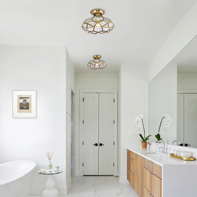 Nordic Modern Brass Lantern Geometric Panel in Olive Oval Shape Glass Semi Flush Mount Ceiling Light for Living Room/Dining Room/ Bedroom/ Bathroom