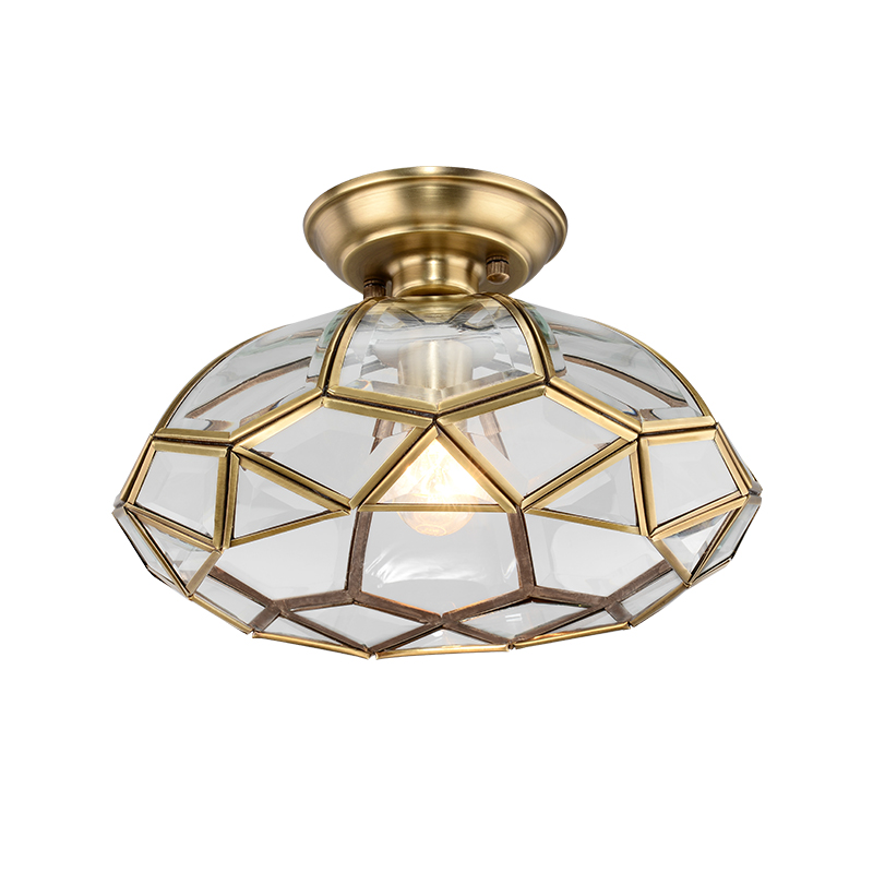Nordic Modern Brass Lantern Geometric Panel in Olive Oval Shape Glass Semi Flush Mount Ceiling Light for Living Room/Dining Room/ Bedroom/ Bathroom