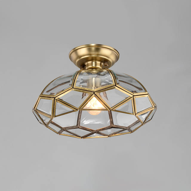 Nordic Modern Brass Lantern Geometric Panel in Olive Oval Shape Glass Semi Flush Mount Ceiling Light for Living Room/Dining Room/ Bedroom/ Bathroom