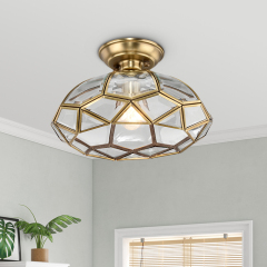 Nordic Modern Brass Lantern Geometric Panel in Olive Oval Shape Glass Semi Flush Mount Ceiling Light for Living Room/Dining Room/ Bedroom/ Bathroom