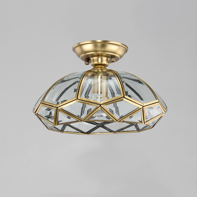 Nordic Modern Brass Lantern Geometric Panel in Olive Oval Shape Glass Semi Flush Mount Ceiling Light for Living Room/Dining Room/ Bedroom/ Bathroom