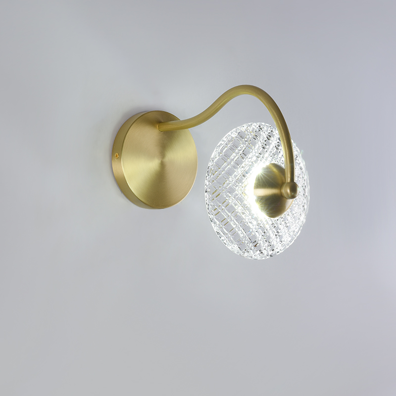Curving Brass Wall Sconce in Glass Round Shade for Bedroom Bedside Hallway