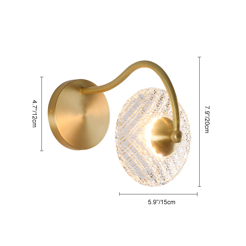 Curving Brass Wall Sconce in Glass Round Shade for Bedroom Bedside Hallway