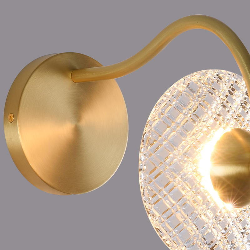 Curving Brass Wall Sconce in Glass Round Shade for Bedroom Bedside Hallway