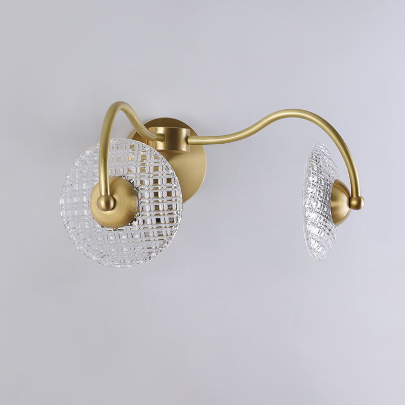 Curving Brass Wall Sconce in Glass Round Shade for Bedroom Bedside Hallway