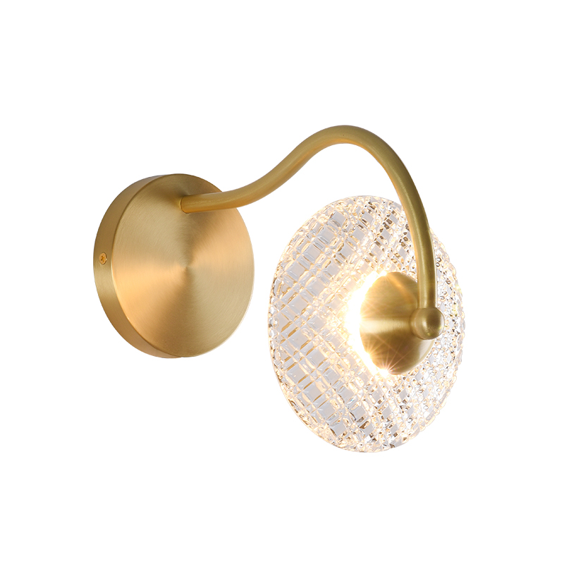 Curving Brass Wall Sconce in Glass Round Shade for Bedroom Bedside Hallway