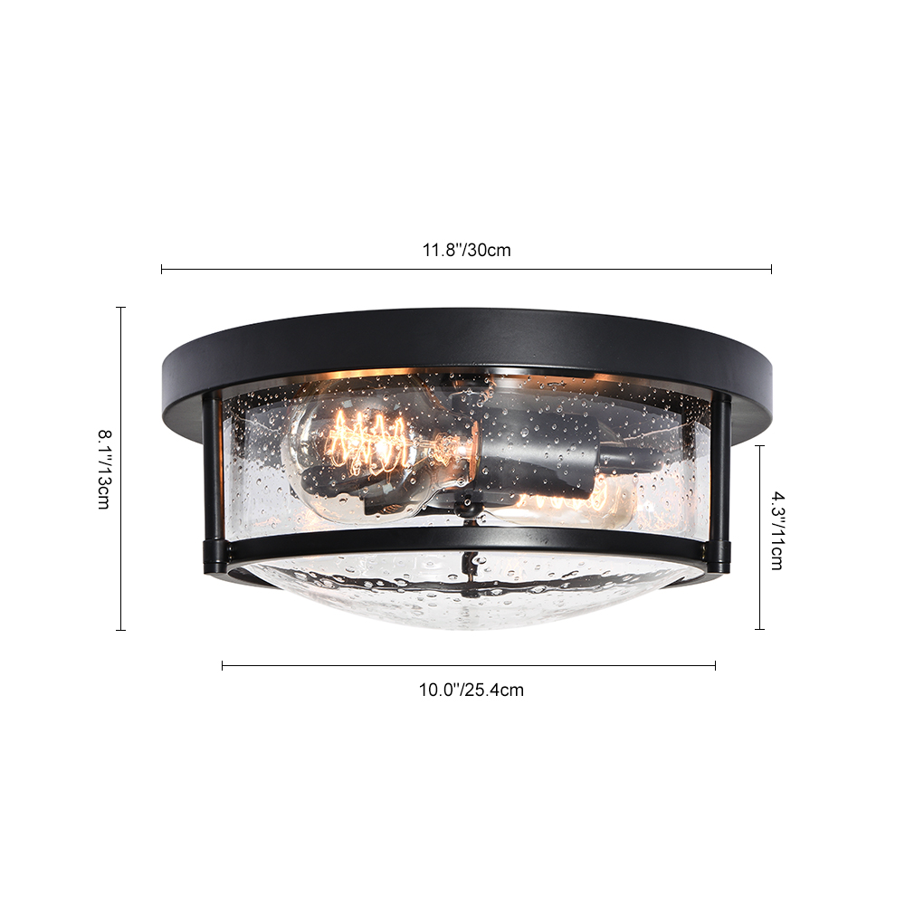 2-Light Modern Farmhouse Industrial Flush Mount Ceiling Lighting with Water-drop Glass Shade for Mudroom/ Kitchen/Hallway