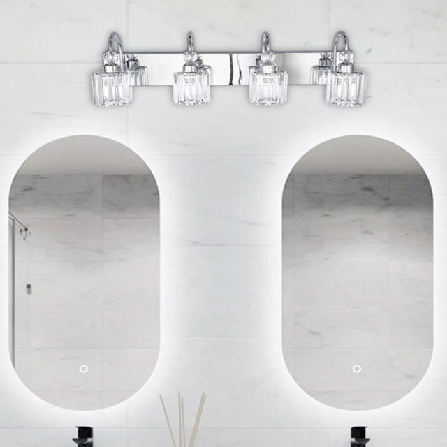 Mid-century Glam Modern 30.7'' Wide 4 Light Crystal Wall Sconce Modern Vanity Light for Bathroom Bedroom in Chrome/ Black+Brass Finish