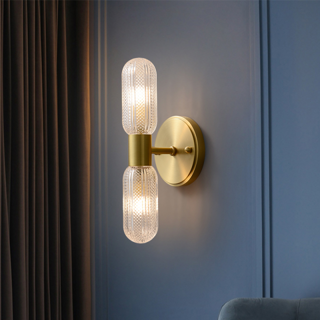 Minimalist 2-Light Armed Glass Wall Sconce Champagne Gold Wall Light Indoor Lighting Up and Down in Cylinder Shade