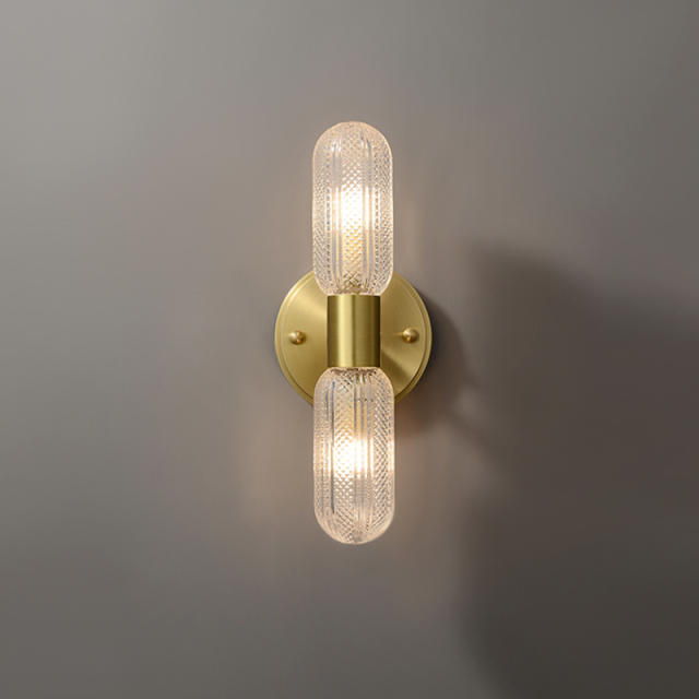 Minimalist 2-Light Armed Glass Wall Sconce Champagne Gold Wall Light Indoor Lighting Up and Down in Cylinder Shade