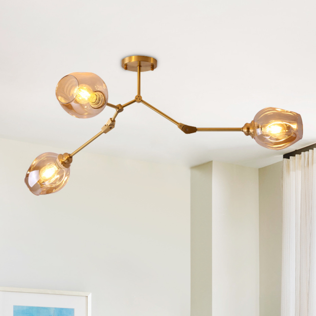 3 Light Organic Branching Modern Ceiling Light Semi-Flush Mount in Brass