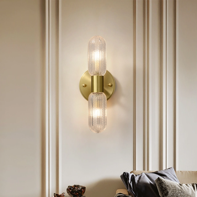Minimalist 2Light Armed Glass Wall Light Champagne Gold Wall Sconce