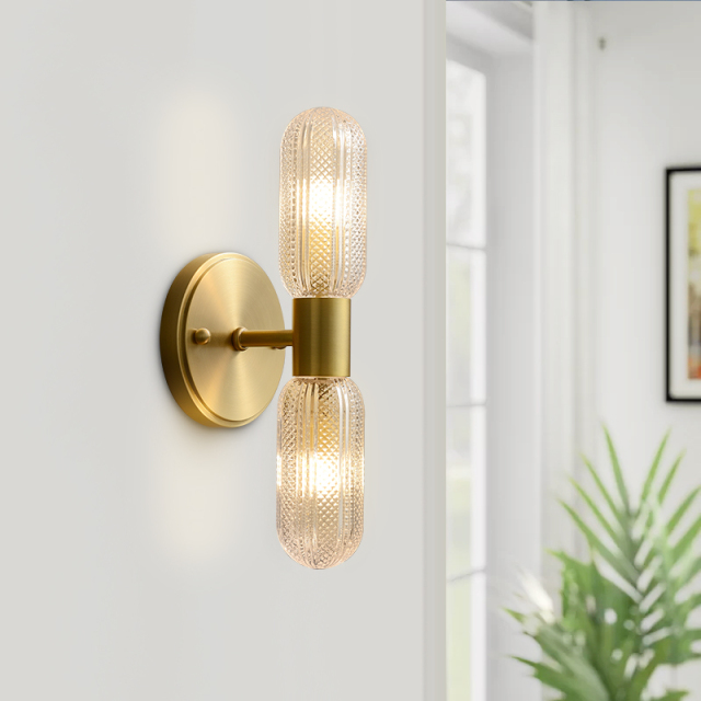 Minimalist 2-Light Armed Glass Wall Sconce Champagne Gold Wall Light Indoor Lighting Up and Down in Cylinder Shade